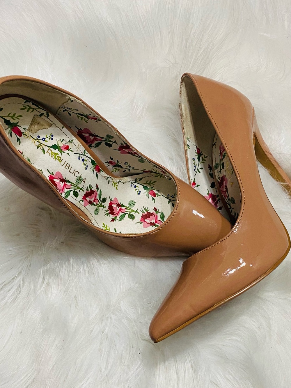 Shoe Republic La Patent Nude-Tan Pointed Toe Pumps